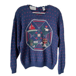 Vintage Northern Isles Hand Embroidered Knit Navy Cottage Sweater Size Medium